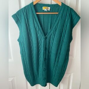 Artesanías Pachamama Green Alpaca Cable Knit Grandpa Sleeveless Cardigan SZ XL